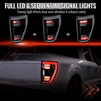 2021??2023 Ford F-150 LED Tail Lights w/ Switchback Sequential Turn Signals (Matte Black Housing / Clear Lens)