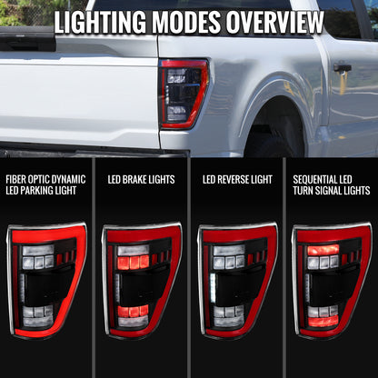 2021??2023 Ford F-150 Red LED Tail Lights w/ Switchback Sequential Turn Signals (Matte Black Housing / Clear Lens)