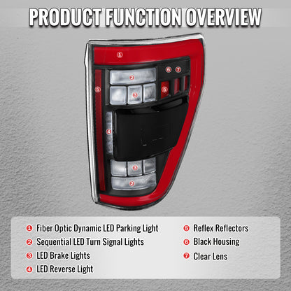 2021??2023 Ford F-150 Red LED Tail Lights w/ Switchback Sequential Turn Signals (Matte Black Housing / Clear Lens)