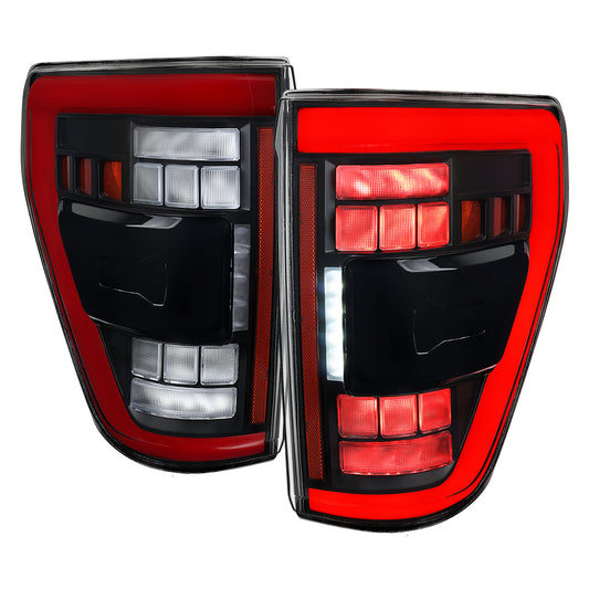 2021??2023 Ford F-150 Red LED Tail Lights w/ Switchback Sequential Turn Signals (Matte Black Housing / Clear Lens)