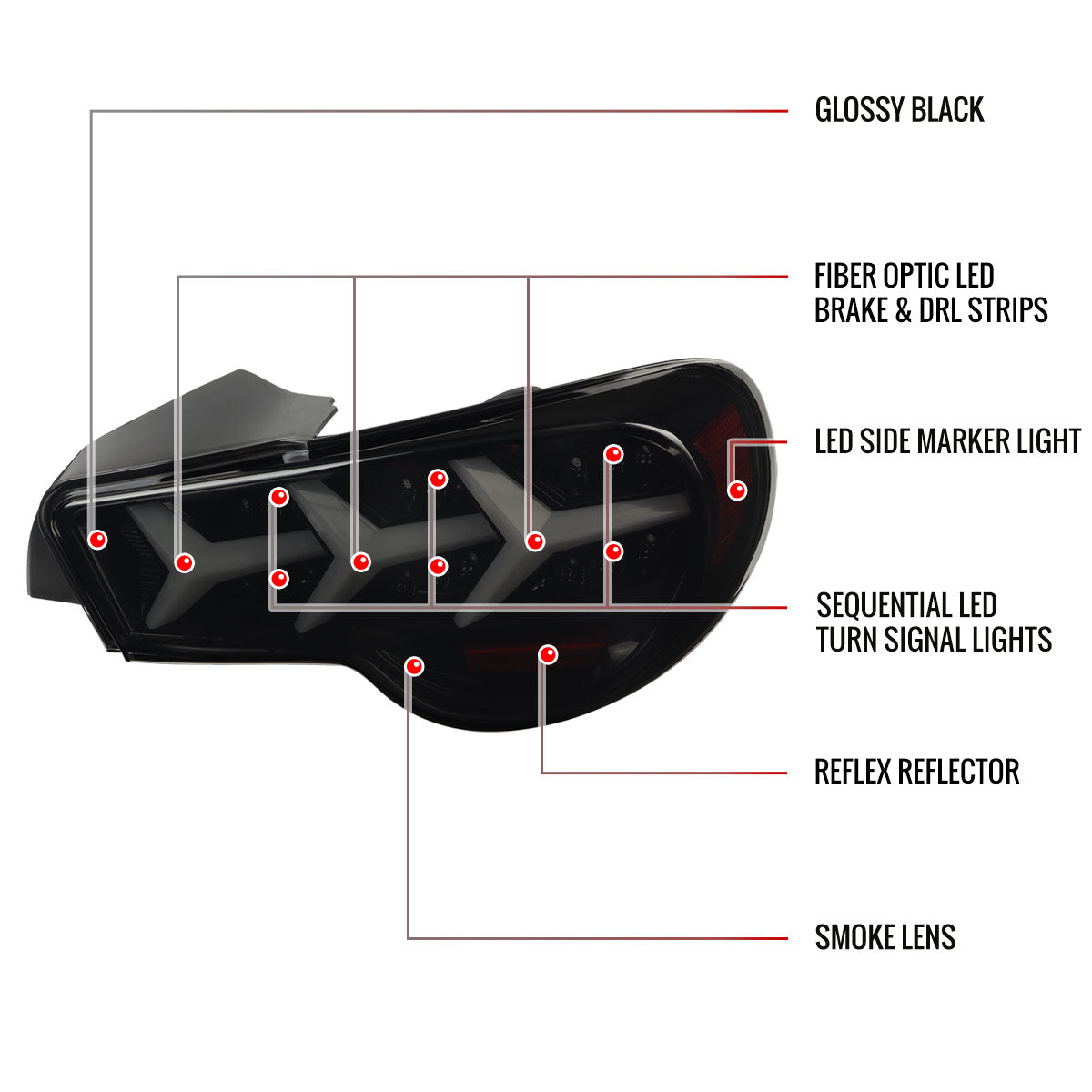 2013-2016 Scion FRS/ Subaru BRZ Lambo Style Sequential LED Tail Lights (Glossy Black Housing/Smoked Lens)