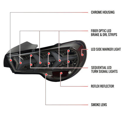 2013-2016 Scion FRS/ Subaru BRZ Lambo Style Sequential LED Tail Lights (Chrome Housing/Smoked Lens)