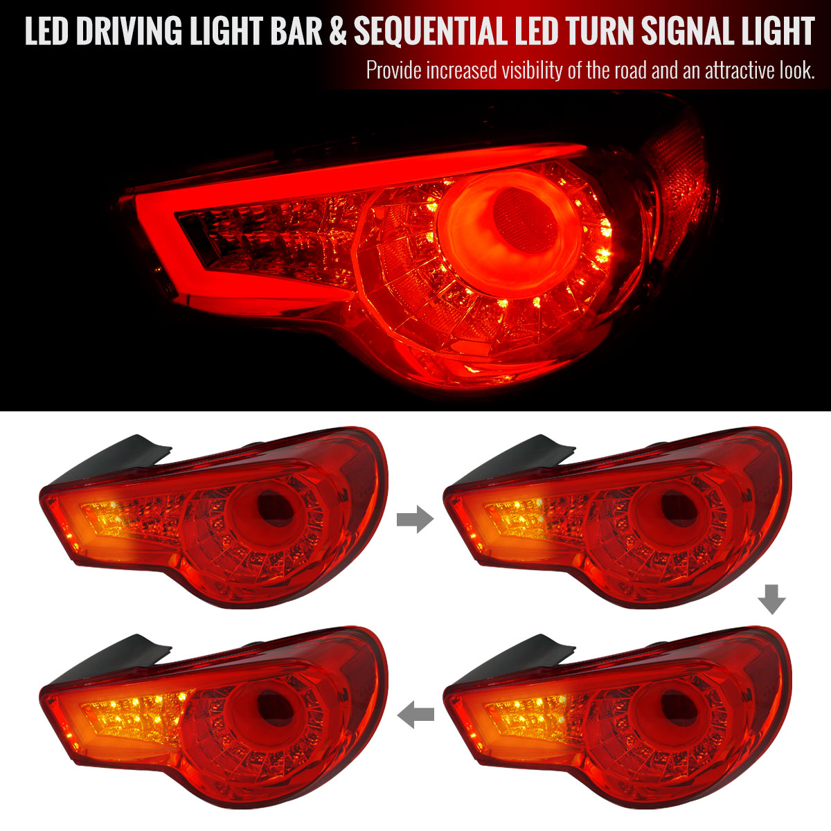 2012-2016 Scion FRS/ Subaru BRZ/ Toyota 86 Sequential LED Tail Lights (Chrome Housing/Red Lens)