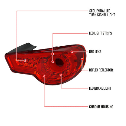 2012-2016 Scion FRS/ Subaru BRZ/ Toyota 86 Sequential LED Tail Lights (Chrome Housing/Red Lens)