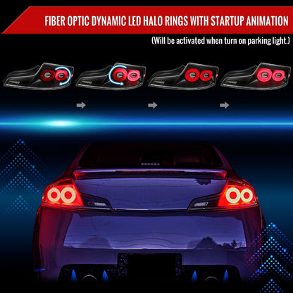 2003-2007 Infiniti G35 Coupe Red LED Halo Sequential Signal Tail Lights (Matte Black Housing/Clear Lens)