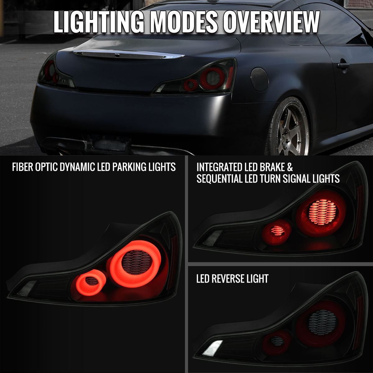 2008-2013 Infiniti G37/2014-2015 Q60 Coupe/Convertible Red LED Tail Lights w/ Switchback Sequential Turn Signals (Black Housing / Smoked Lens)