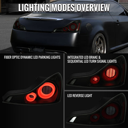 2008-2013 Infiniti G37/2014-2015 Q60 Coupe/Convertible Red LED Tail Lights w/ Switchback Sequential Turn Signals (Black Housing / Smoked Lens)