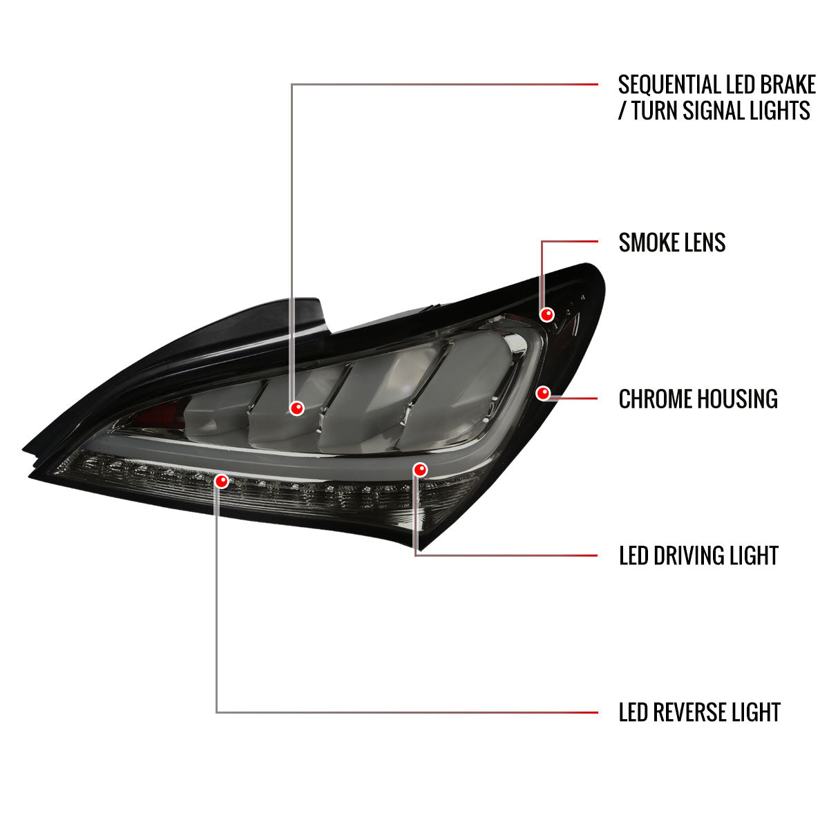 2010-2016 Hyundai Genesis Coupe White Bar Sequential LED Tail Lights (Chrome Housing/Smoked Lens)