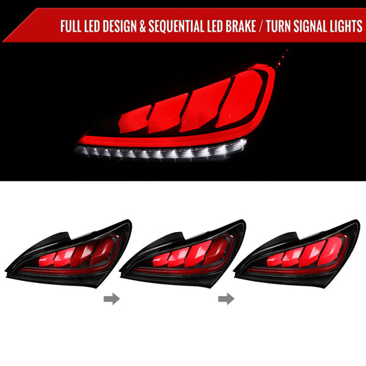 2010-2016 Hyundai Genesis Coupe Red Bar Sequential LED Tail Lights (Satin Black Housing/Clear Lens)