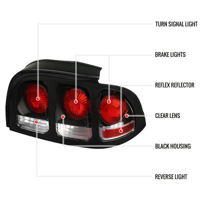 1994-1998 Ford Mustang Tail Lights (Matte Black Housing/Clear Lens)