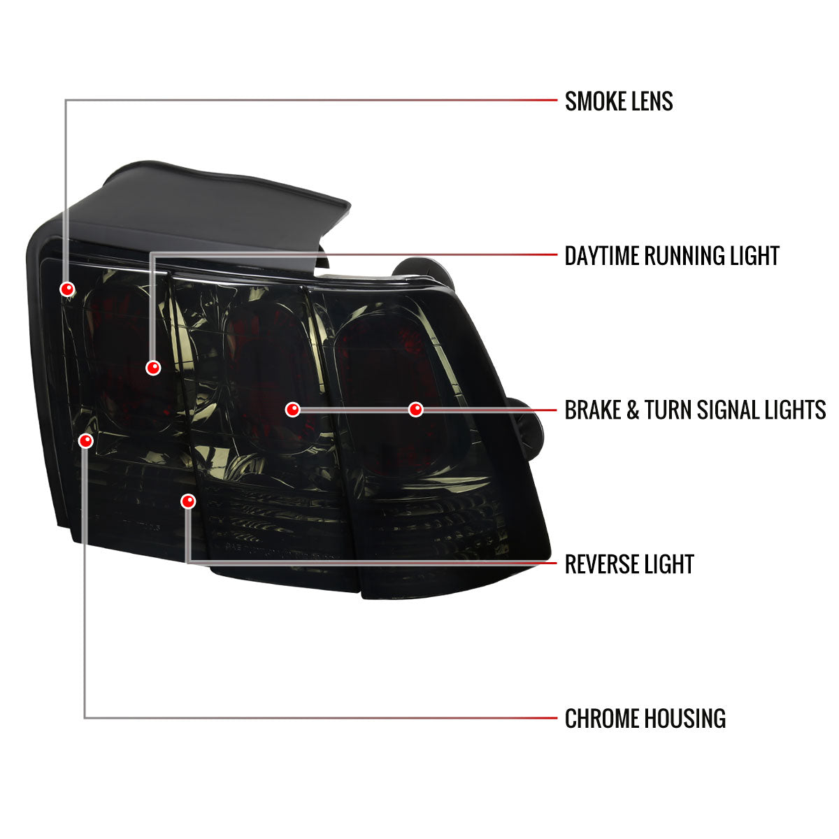 1999-2004 Ford Mustang Tail Lights (Chrome Housing/Smoked Lens)