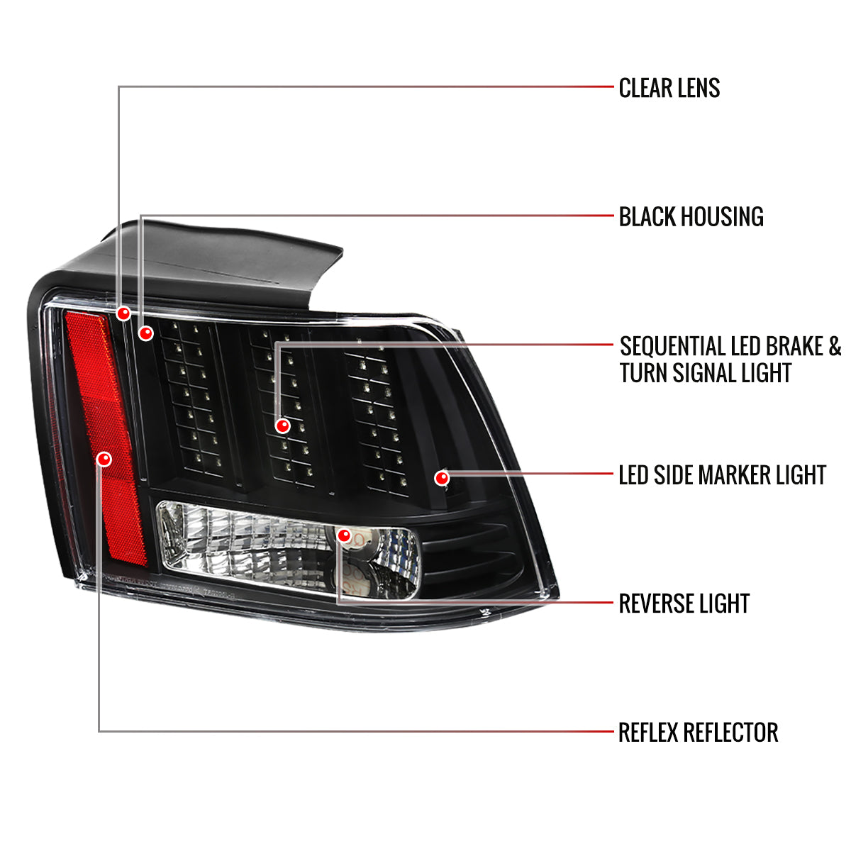 1999-2004 Ford Mustang Sequential LED Tail Lights - RS (Matte Black Housing/Clear Lens)