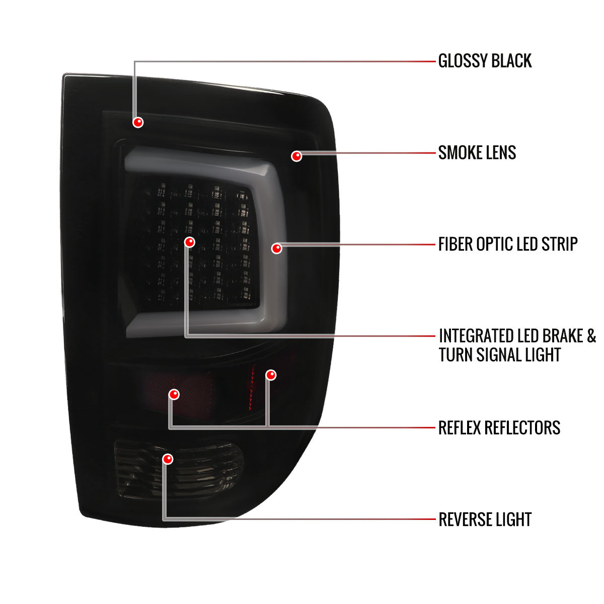 2009-2018 Dodge RAM 1500 / 2019-2021 RAM Classic / 2010-2018 RAM 2500 3500 White Bar LED Tail Lights (Glossy Black Housing/Smoked Lens)