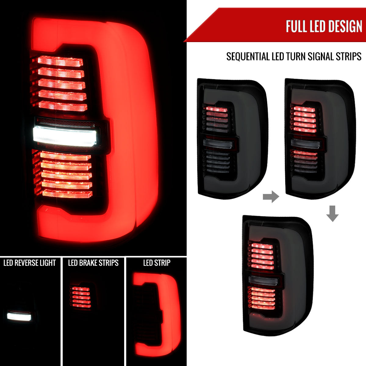 2019-2024 Dodge RAM 1500 Tail Light w/ Sequential Turn Signal LED Strip and LED Side Marker Brake Reverse (Glossy Black Housing / Smoked Lens)