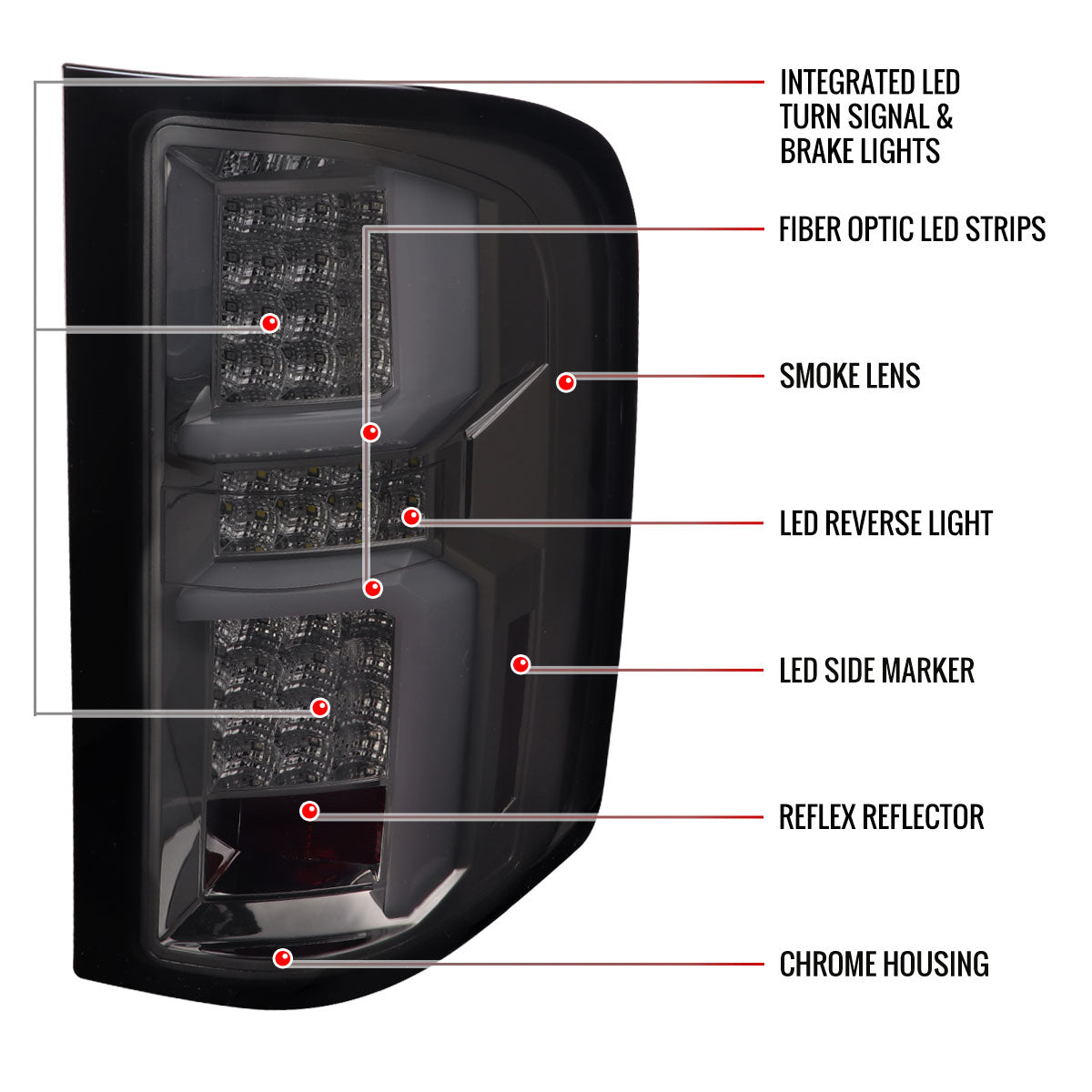 2007-2013 Chevrolet Silverado 1500/ 2007-2014 Silverado 2500HD/3500HD LED Tail Lights with White LED Bar (Chrome Housing/Smoked Lens)