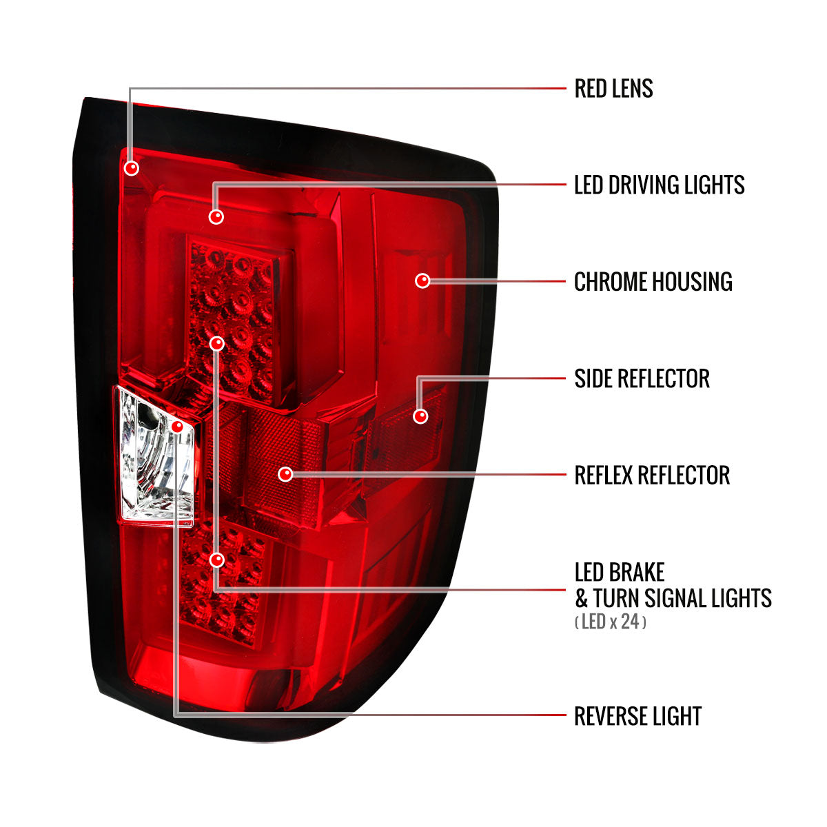2014-2018 Chevrolet Silverado 1500/ 2015-2019 Silverado 2500HD 3500HD GMC Sierra 3500HD LED Tail Lights (Chrome Housing/Red Lens)