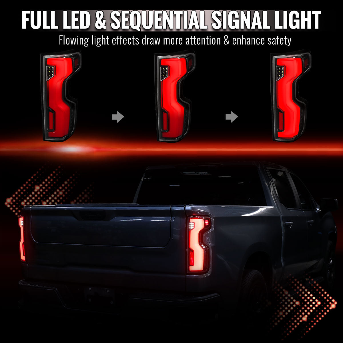 2019-2026 Chevrolet Silverado 1500 Full LED Tail Lights with Sequential Turn Signal for Factory LED Models (Jet Black Housing/Clear Lens) - view 2