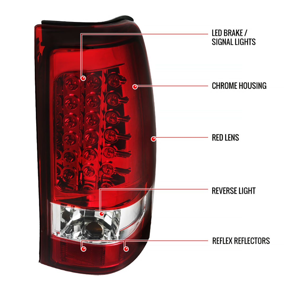 1999-2002 Chevrolet Silverado/ 1999-2006 GMC Sierra LED Tail Lights (Chrome Housing/Red Clear Lens)