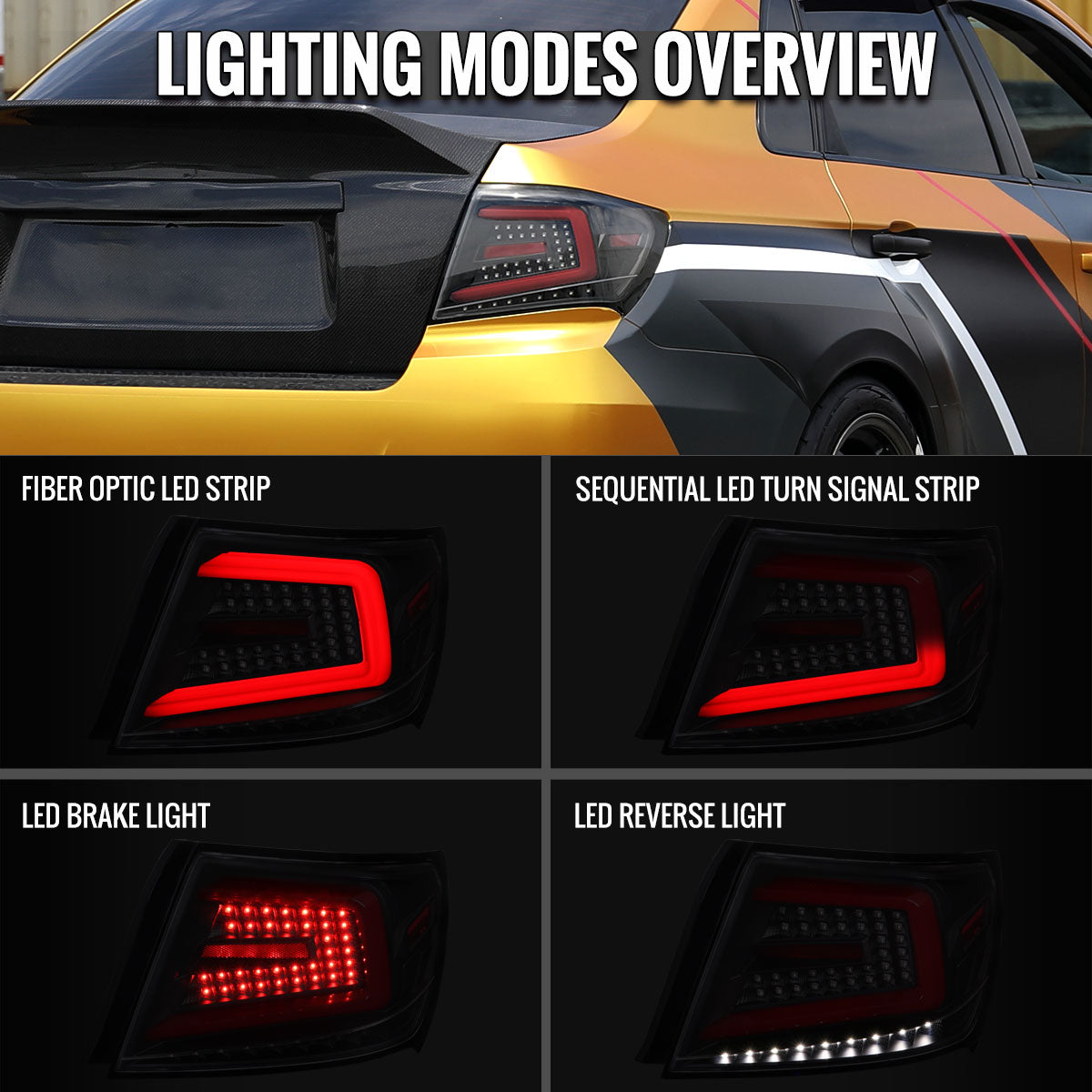 2008-2014 Subaru ImprezaWRX/STI Red LED Bar Sequential Turn Signal Tail Lights (Matte Black Housing/Clear Lens)