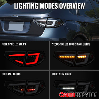 2008-2014 Subaru Impreza WRX Hatchback LED White Sequential Tube Tail Lights (Matte Black Housing/Clear Lens)