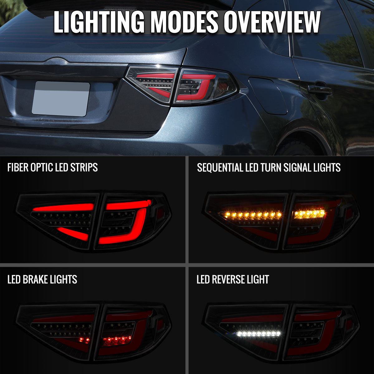 2008-2014 Subaru Impreza WRX Hatchback LED Red Sequential Tube Tail Lights (Matte Black Housing/Clear Lens)