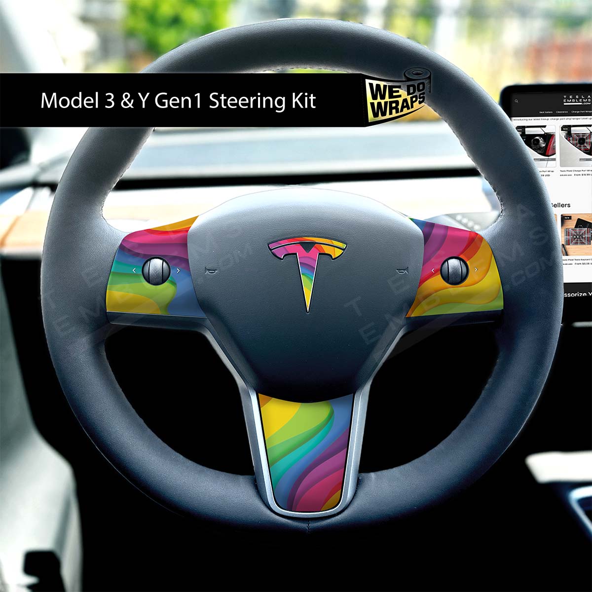Layered Rainbow Tesla Steering Wheel Wrap | MY 2019-'25