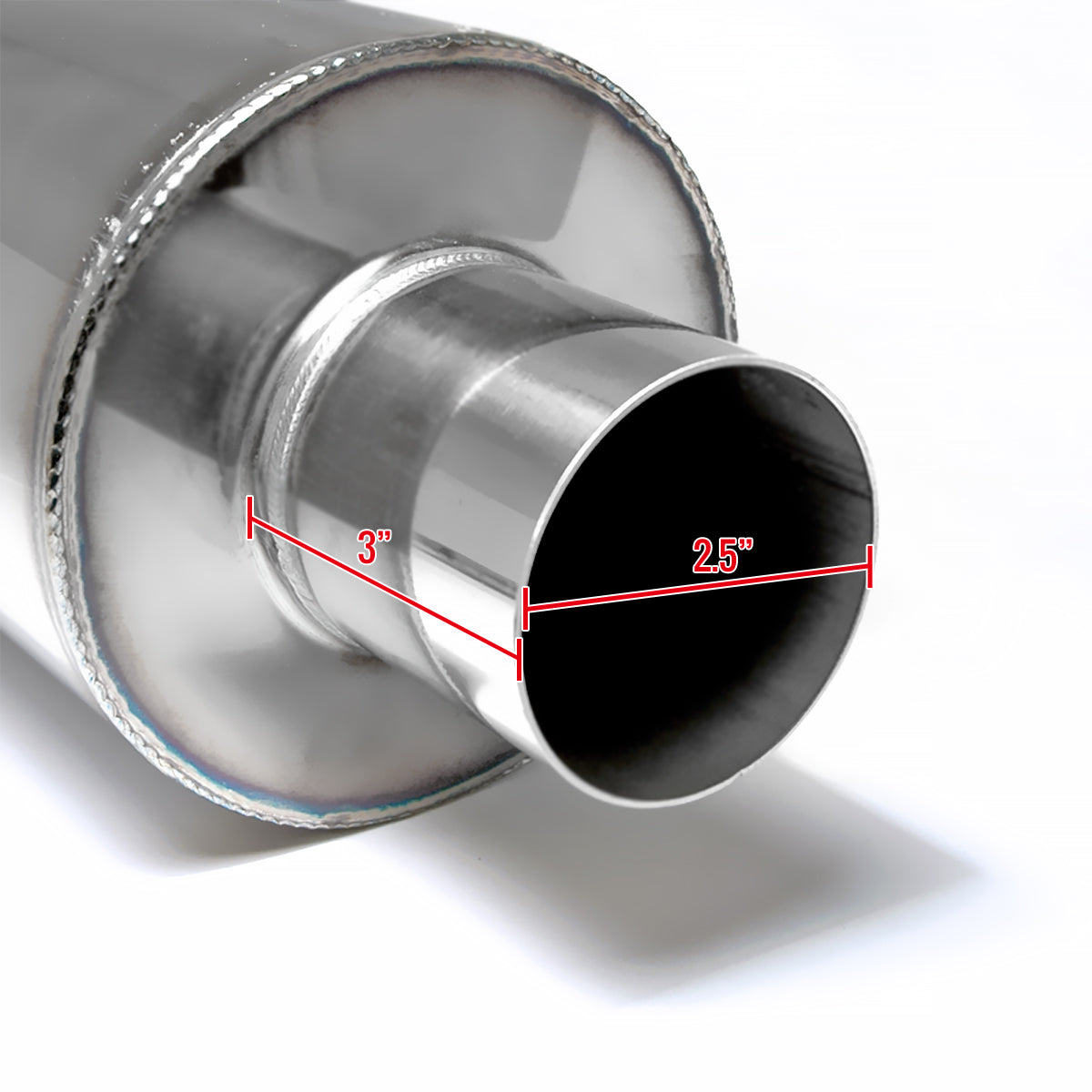 Universal 2.5" Inlet/4" Outlet Stainless Steel Muffler w/ Fireball Style Burnt Tip