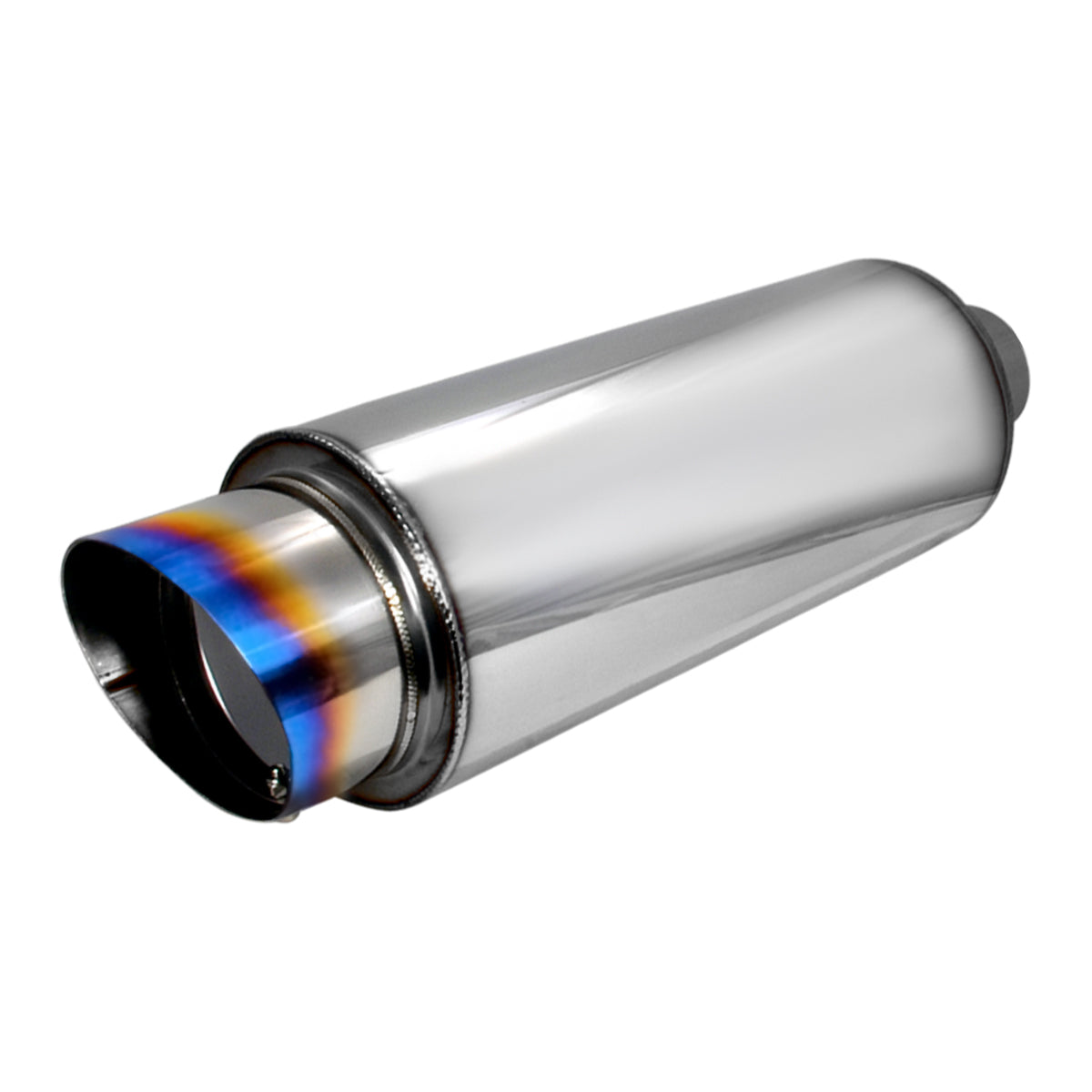 Universal 2.5" Inlet/4" Outlet Stainless Steel Muffler w/ Fireball Style Burnt Tip