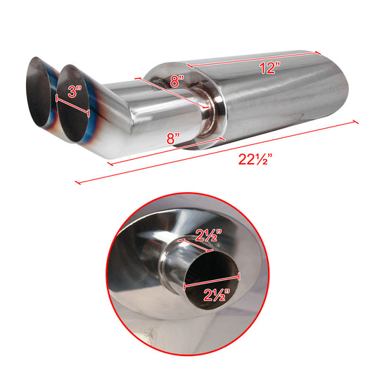Universal DTM Style 2.5" Inlet/3" Outlet Stainless Steel Exhaust Muffler w/ Dual Burnt Tips