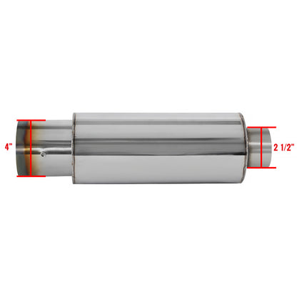 Universal 2.5" Inlet/4" Outlet Stainless Steel Spiral Flow Exhaust Muffler w/ Burnt Tip