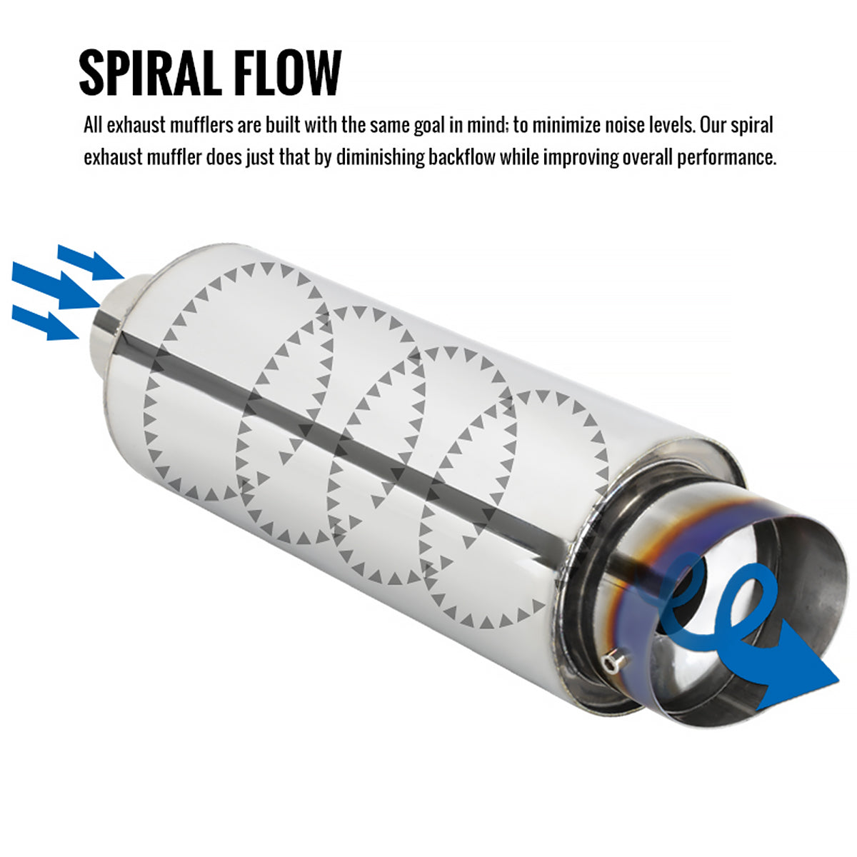 Universal 3" Inlet/4" Outlet Stainless Steel Spiral Flow Exhaust Muffler w/ Slanted Burnt Tip