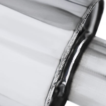 Universal 3" Inlet/4" Outlet Stainless Steel Spiral Flow Exhaust Muffler w/ Slanted Burnt Tip