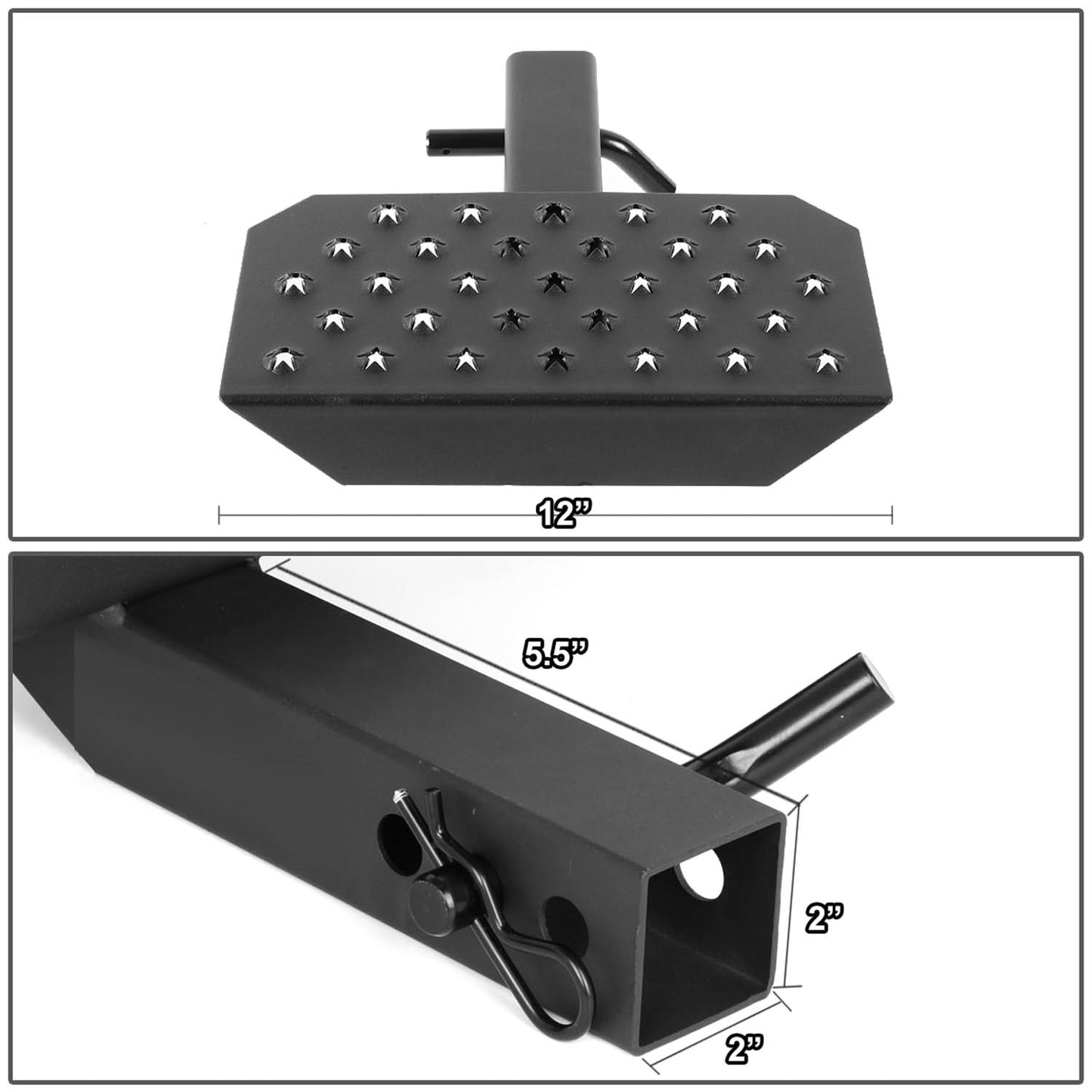 Trailer Tow Hitch Step Bar - 12" W x 6.5" L - Fits 2" Hitch - Black