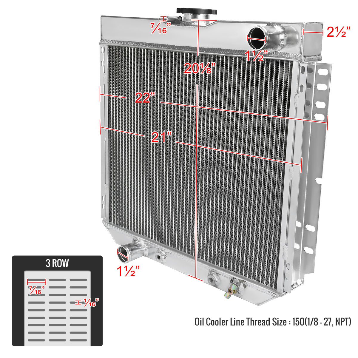 1963-1977 Ford Mustang/Maverick/Falcon Mercury Comet/Cougar Aluminum 3-Row Performance Radiator