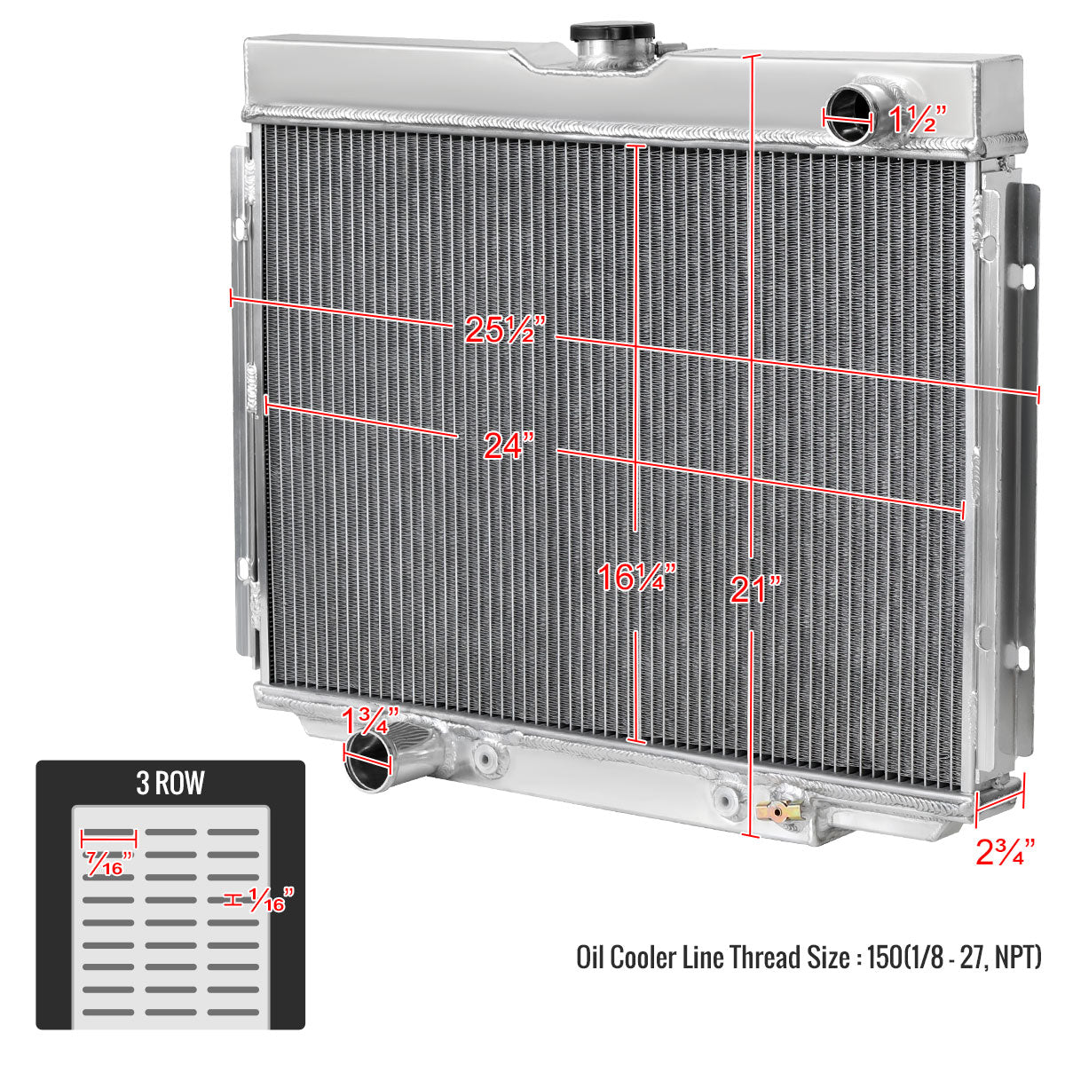 1967-1970 Ford Mustang/Fairlane/Ranchero/Torino Mercury Cougar 390ci V8 Aluminum 3-Row Performance Radiator