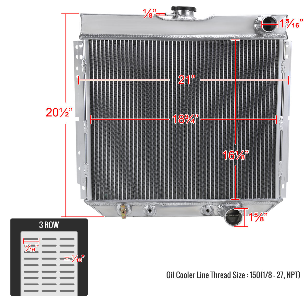 1963-1970 Ford Mustang/Fairlane/Falcon/Galaxie/Torino Mercury Cougar V8 Aluminum 3-Row Performance Radiator