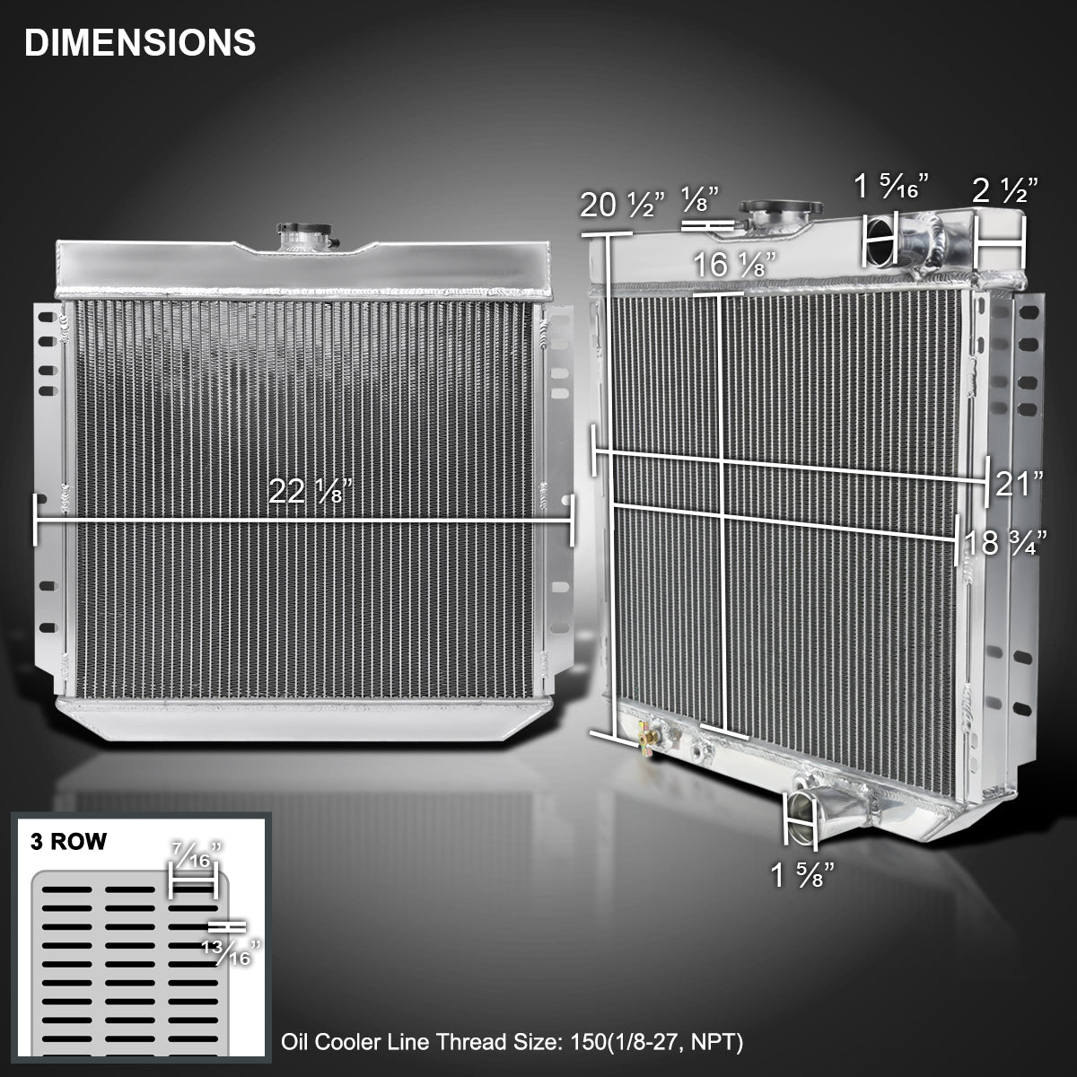 1963-1970 Ford Mustang/Fairlane/Falcon/Galaxie/Torino Mercury Cougar V8 Aluminum 3-Row Performance Radiator