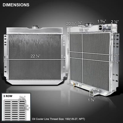 1963-1970 Ford Mustang/Fairlane/Falcon/Galaxie/Torino Mercury Cougar V8 Aluminum 3-Row Performance Radiator