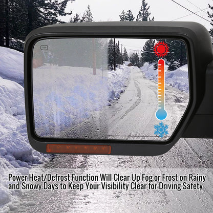 2007-2014 Ford F-150 Black Power Adjustable & Heated Side Mirror w/ LED Amber Turn Signal & Puddle Light - Driver Side Only