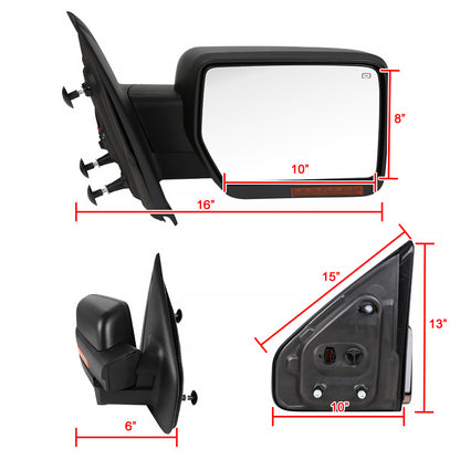 2007-2014 Ford F-150 Black Power Adjustable & Heated Side Mirror w/ LED Amber Turn Signal & Puddle Light - Passenger Side Only