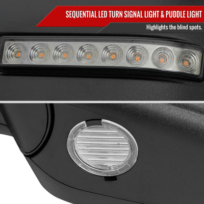 2007-2014 Ford F150 Black Power Adjustable & Heated Side Mirrors w/ LED Turn Signal and Puddle Light - Pair