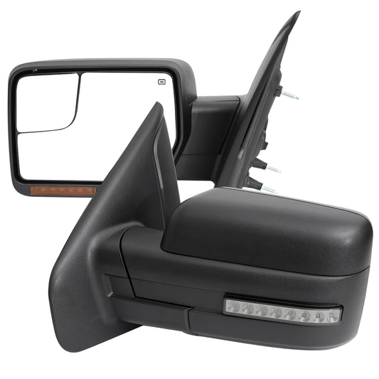2007-2014 Ford F150 Black Power Adjustable & Heated Side Mirrors w/ LED Turn Signal and Puddle Light - Pair