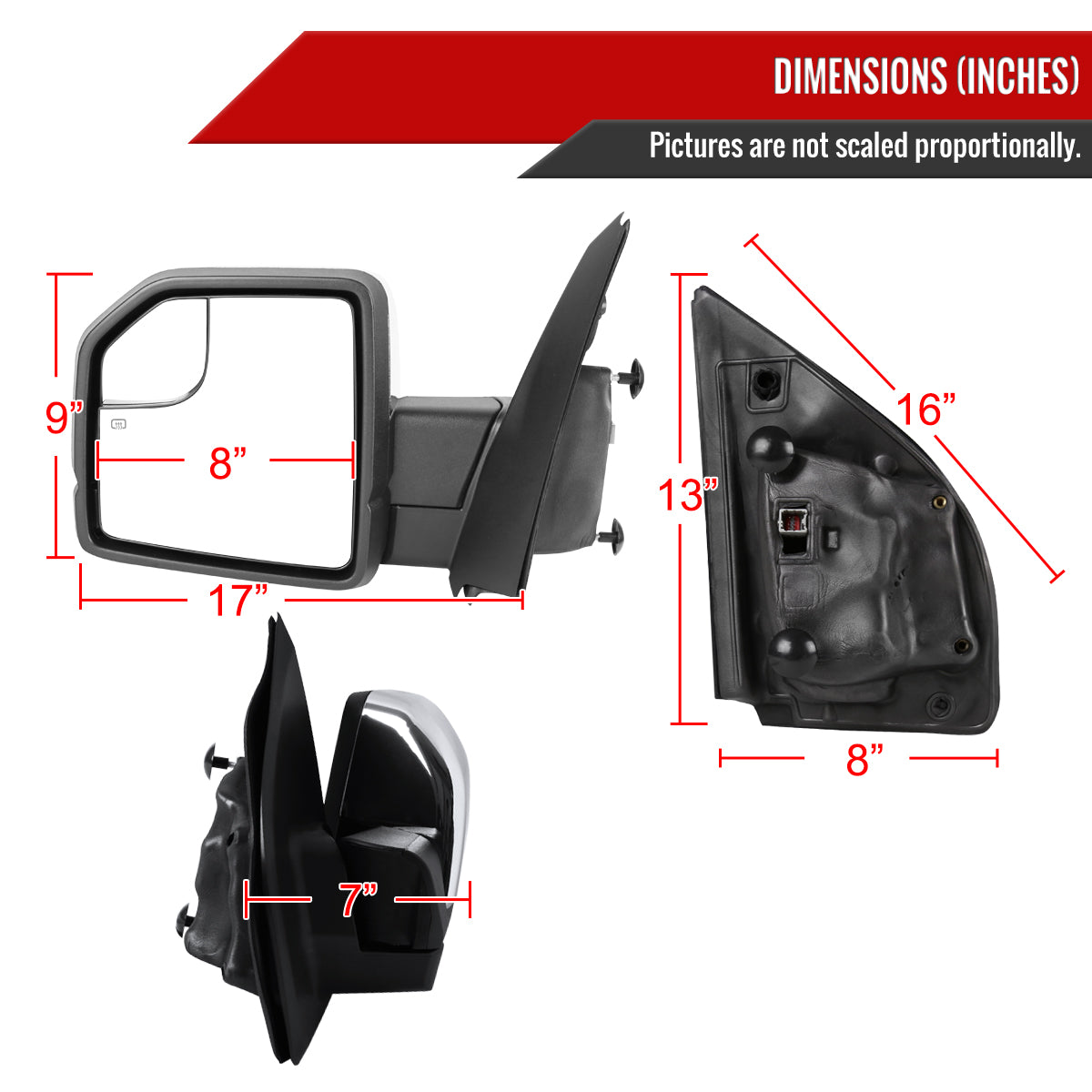 2015-2020 Ford F-150 Chrome Power Adjustable & Heated Side Mirror w/ LED Turn Signal Light - Driver Side Only
