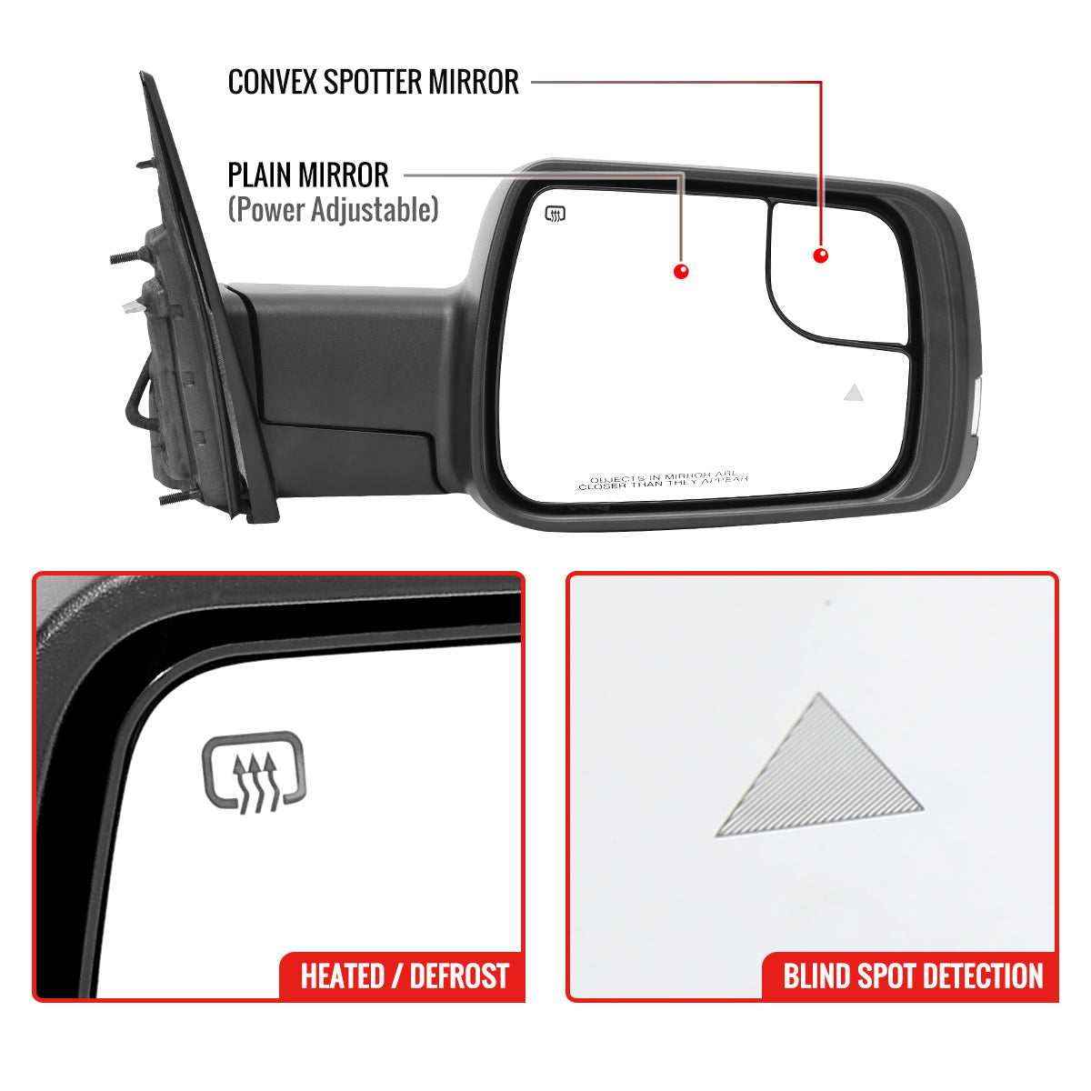 2019-2024 Dodge RAM 1500 Chrome Power Adjustable, Auto-Fold, BSD & Heated Side Mirror w/ LED Puddle and Turn Signal Light - Passenger Side Only