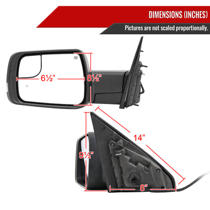2019-2024 Dodge RAM 1500 Black Power Adjustable, Manual Fold, BSD & Heated Side Mirror w/ LED Puddle and Turn Signal Light - Driver Side Only
