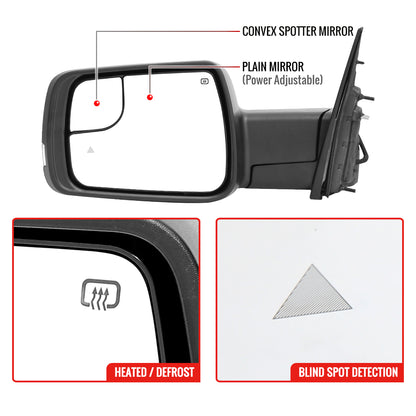 2019-2024 Dodge RAM 1500 Black Power Adjustable, Auto-Fold, BSD & Heated Side Mirror w/ LED Puddle and Turn Signal Light - Driver Side Only