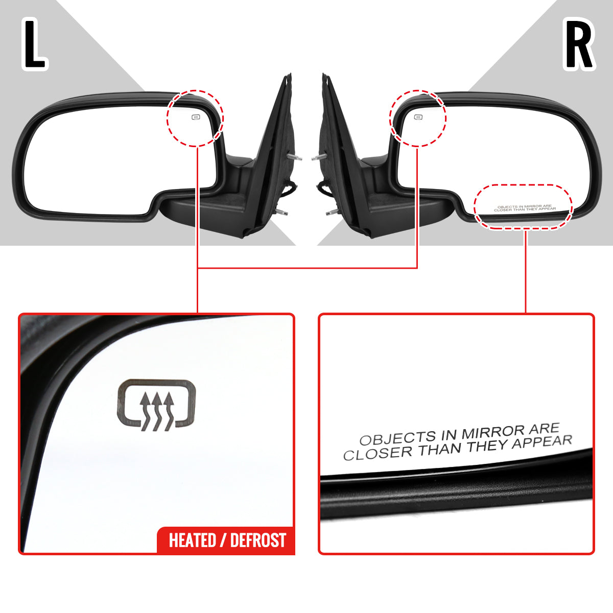 1999-2002 Chevrolet Silverado/Tahoe/Suburban GMC Sierra/Yukon Power Heated Matte Black Side Mirrors