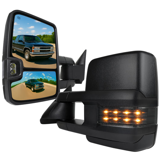 1988-2000 Chevrolet C/K Tahoe GMC Yukon/Suburban Power Adjustable, Heated, & Manual Extendable Towing Mirrors w/ LED Smoked Lens Turn Signal & Clearance Lights