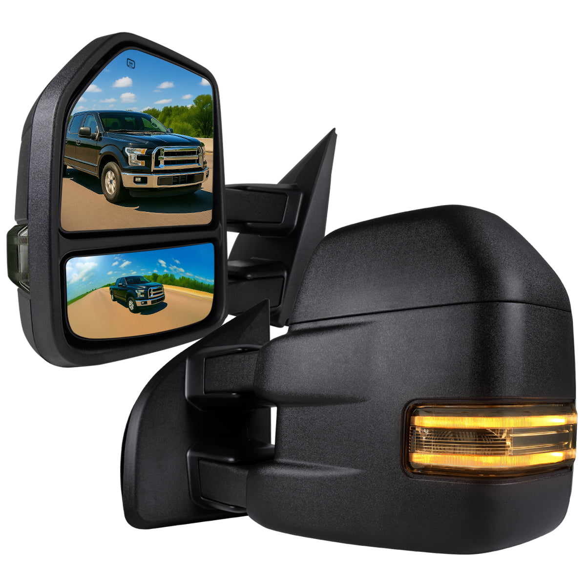 2015-2020 Ford F-150 Power Adjustable, Heated, & Manual Extendable 8-Pin/22-Pin Towing Mirrors w/ Smoked Lens LED Turn Signal, Clearance, & Puddle Lights