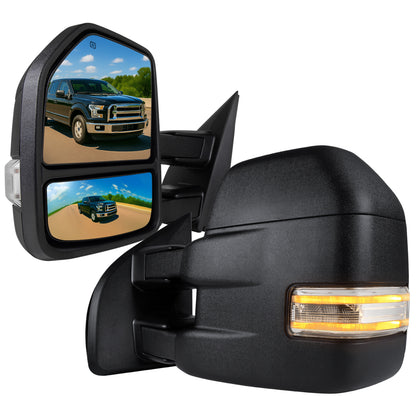 2015-2020 Ford F-150 Power Adjustable, Heated, & Manual Extendable Towing Mirrors w/ Clear Lens LED Turn Signal, Clearance, Puddle, & Auxiliary Lights